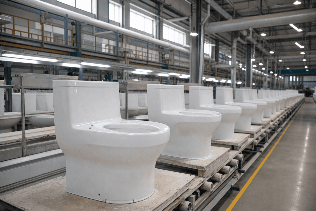Toilet production line on the factory floor