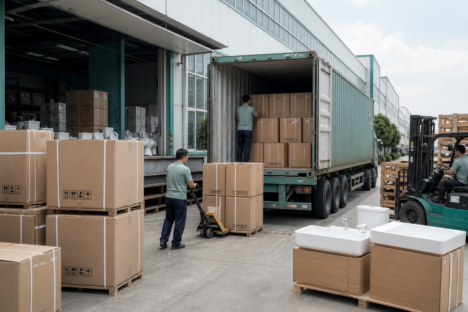 Factory cartons loading into a shipping container
